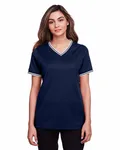 Devon & Jones Ladies' CrownLux Performance Plaited Tipped V-Neck Navy
