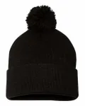 12" Pom-Pom Cuffed Beanie BLACK
