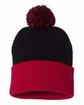 12" Pom-Pom Cuffed Beanie Black/ Red