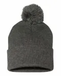 12" Pom-Pom Cuffed Beanie Dark Heather Grey