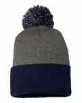 12" Pom-Pom Cuffed Beanie Dark Heather Grey/ Navy