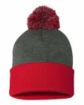 12" Pom-Pom Cuffed Beanie Dark Heather Grey/ Red