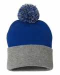 12" Pom-Pom Cuffed Beanie Royal/ Light Heather Grey