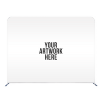 A blank white trade show banner stand with the placeholder text 'YOUR ARTWORK HERE' on display, set against a plain background.