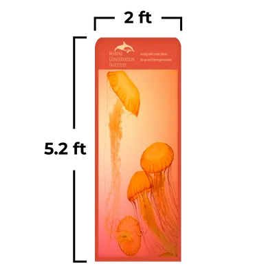 2 x 5.2 ft A vertical trade show banner displays orange jellyfish with text: 'Océan Conservation INSTITUTE - advancing ocean policy, pioneering science, and Ocean Guardianship.'