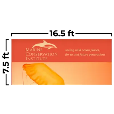16.5 x 7.5 ft This is a horizontal trade show banner featuring the text 'MARINE CONSERVATION INSTITUTE' and the slogan 'saving wild ocean places, for us and future generations,' set against an orange background with a jellyfish image.