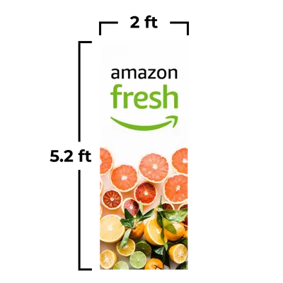 2 x 5.2 ft Logo of 'Amazon Fresh' above a variety of citrus fruits—sliced oranges, grapefruits, and lemons—against a white background.