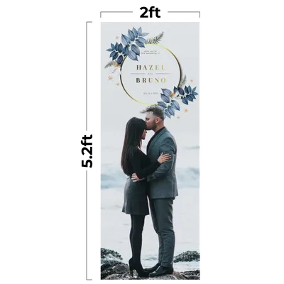 2 x 5.2 ft A couple embraces on a beach, featured on an advertisement with floral graphics and text 'HAZEL & BRUNO, SAVE THE DATE, 09.26.2022'.