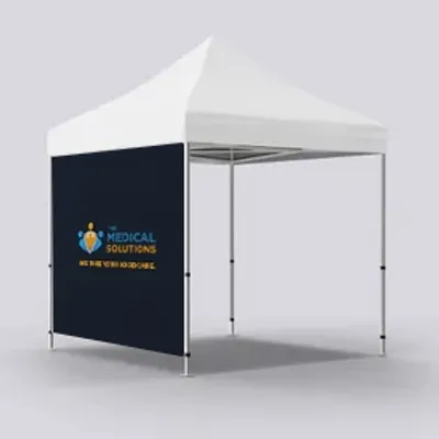 A promotional event tent with the logo and text 'MEDICAL SOLUTIONS We are here to care' on a solid backdrop, intended for medical or healthcare marketing.