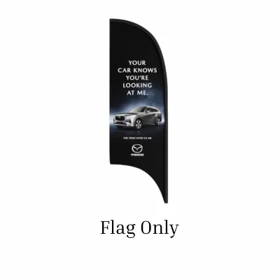 A curved black promotional flag featuring a car advertisement with text that reads, 'YOUR CAR KNOWS YOU'RE LOOKING AT ME. THE FUTURE CAR' and branding elements. Below is the label 'Flag Only'.