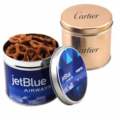 Round Tin with Mini Pretzels - Custom T-Shirt Today