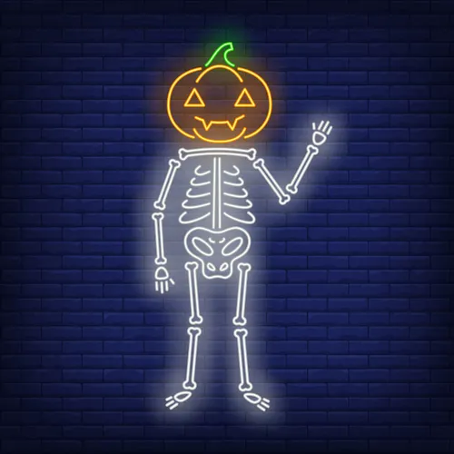 Skeleton with Pumpkin Head Neon Sign - Custom T-Shirt Today