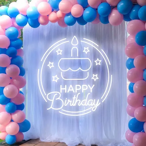 Happy Birthday Cake in Circle Neon Sign - Custom T-Shirt Today