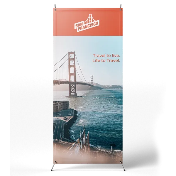 Promotional banner stand depicting the Golden Gate Bridge with the phrases 'Travel to live. Life to Travel.' and 'SAN FRANCISCO' against a water backdrop.