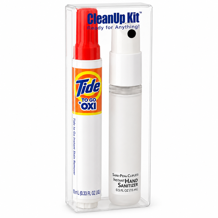 CleanUp Kit - Tide® to Go + Oxi and Sani-Pen® Clipless™ Travel Kits - Custom T-Shirt Today